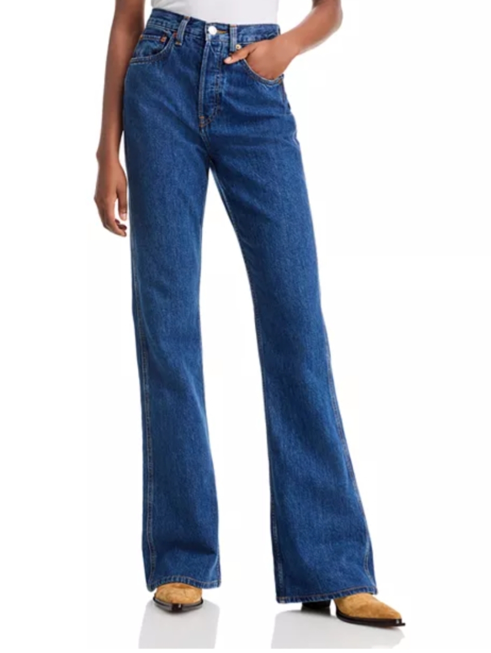 RE/DONE The Riding High Rise Long Bootcut Jeans in Faded Rider - Size 25